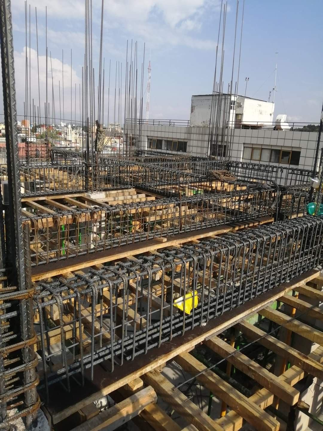 Reinforced concrete beam and column steelwork under construction