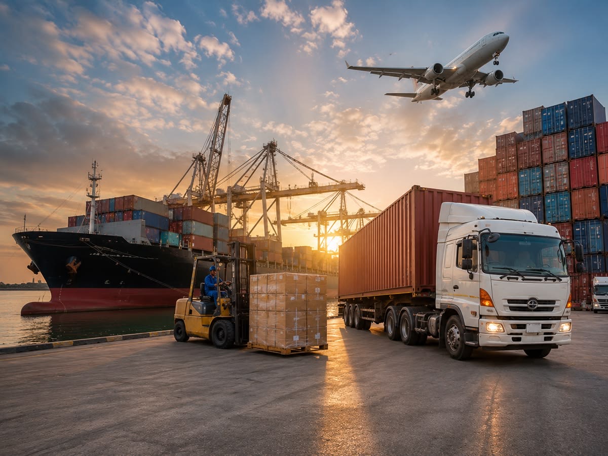 Container ship, truck and cargo plane at a shipping port during loading operations