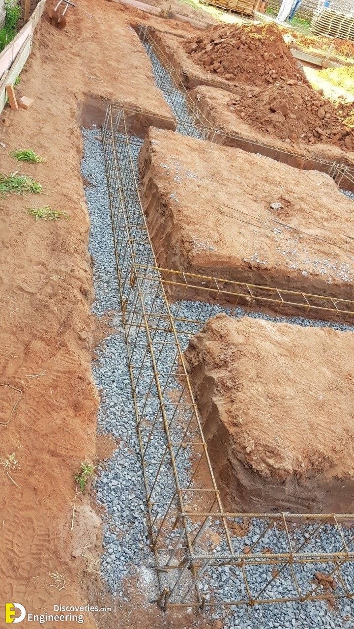 Foundation trenches prepared with reinforcing steel