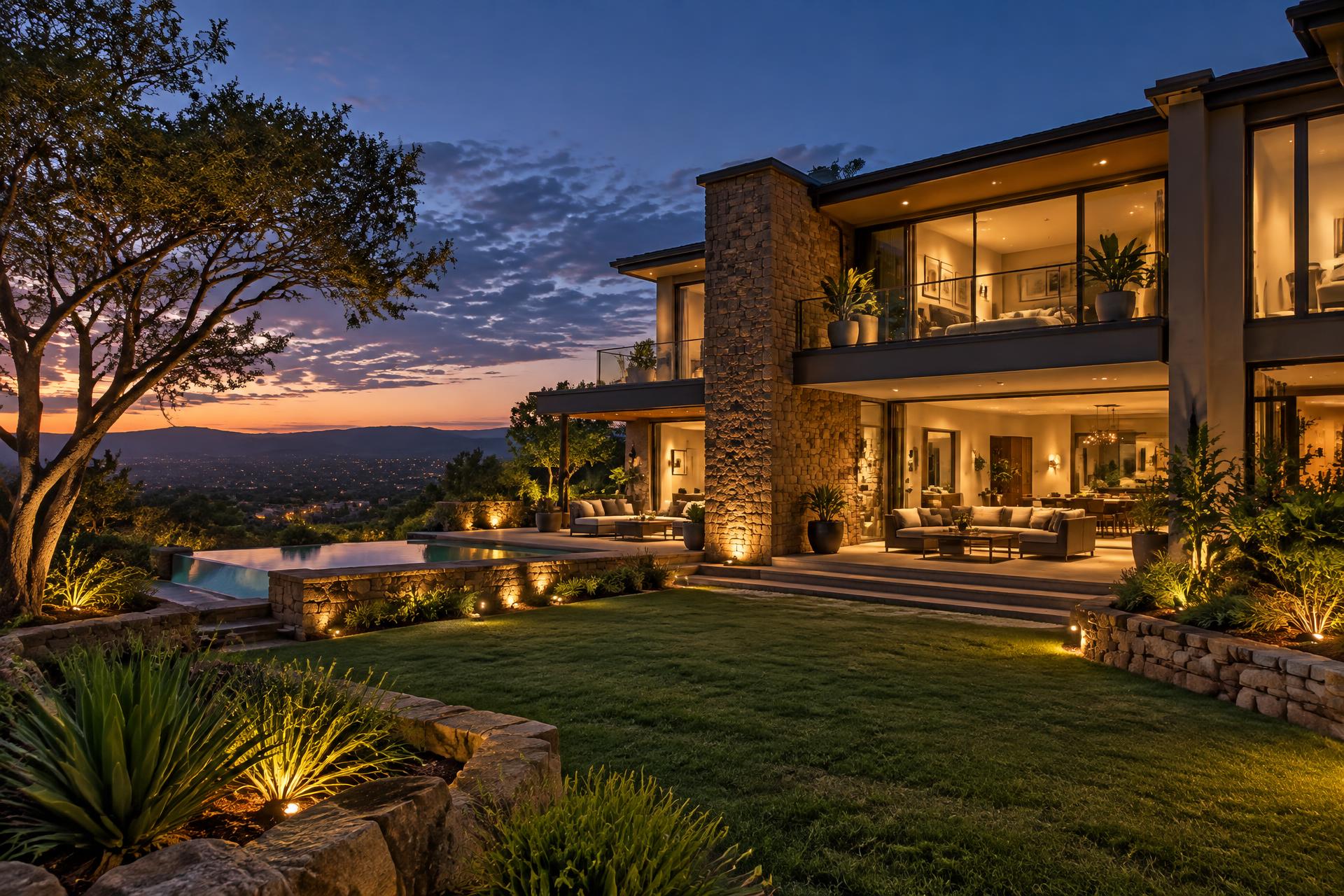 Contemporary home at dusk